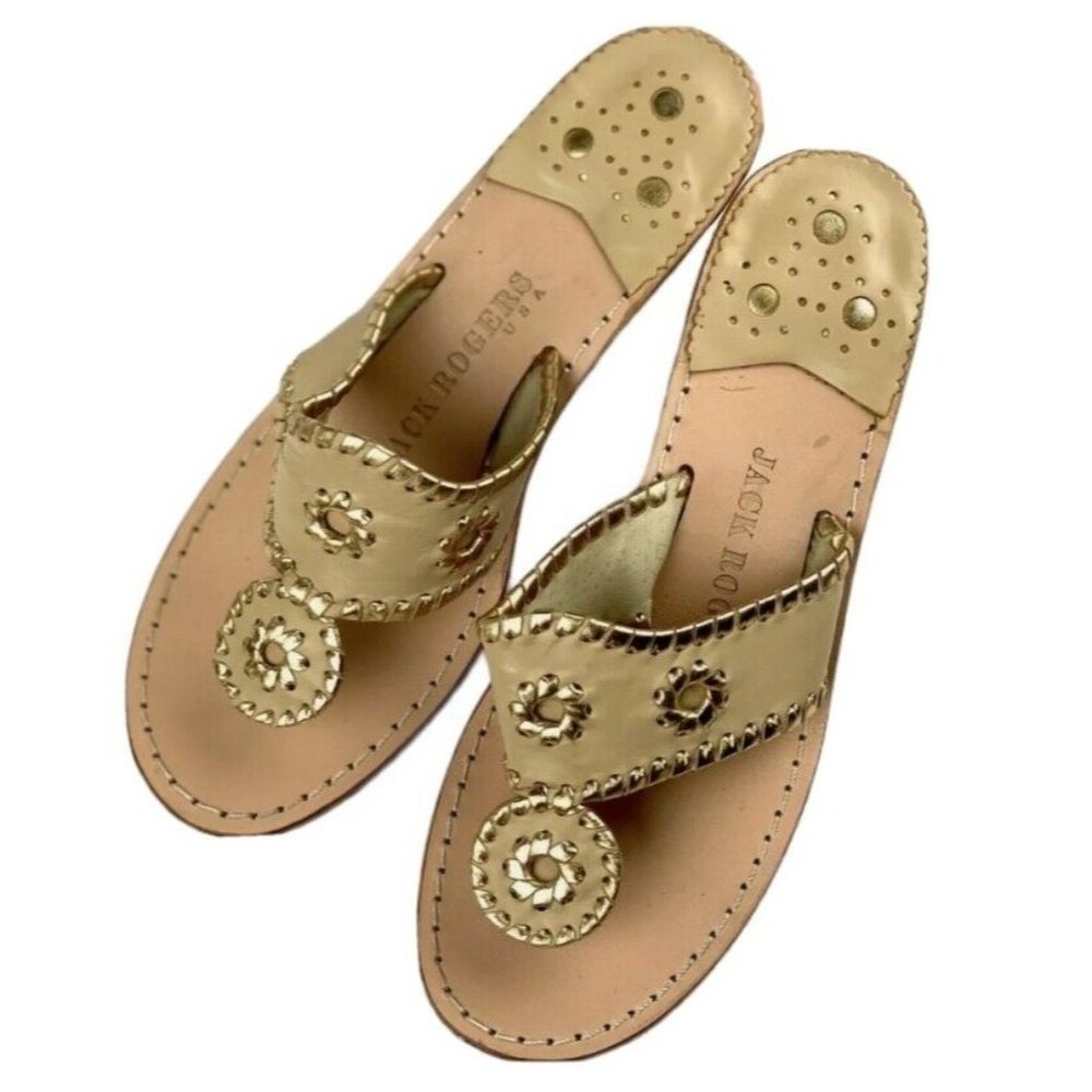 JACK ROGERS Gold NAVAJO Whipstitched Leather Mid Wedge Heels Shoes Sandals sz 5